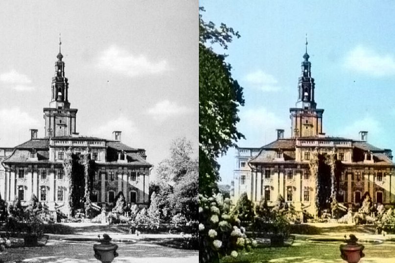 Pokolorowane czarno-białe zdjęcia pałacu